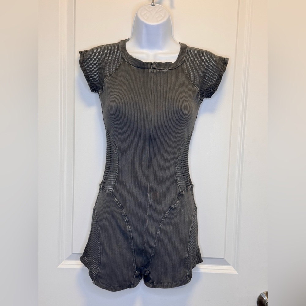 Fashion Nova Ribbed Mesh Romper- Charcoal Grey- Size M